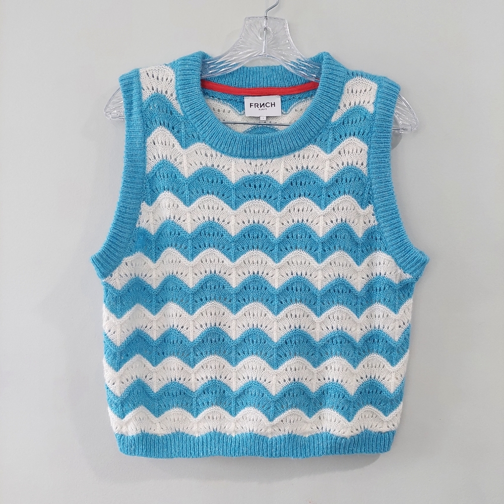 Frnch Sweater Vest Small Blue White Scallop Pattern Crew Neck